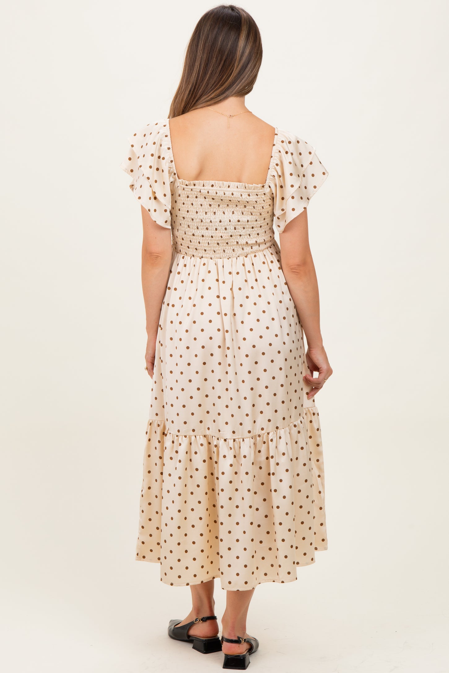 Cream Polka Dot Satin Smocked Flutter Sleeve Maternity Dress
