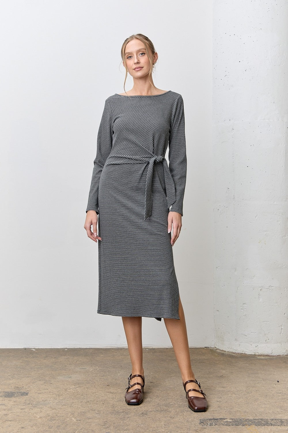 Charcoal Side Tie Long Sleeve Midi Dress