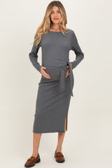 Charcoal Side Tie Long Sleeve Maternity Midi Dress