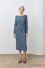 Navy Side Tie Long Sleeve Maternity Midi Dress