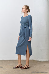 Navy Side Tie Long Sleeve Midi Dress