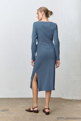 Navy Side Tie Long Sleeve Midi Dress