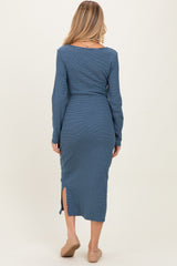 Navy Side Tie Long Sleeve Maternity Midi Dress