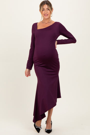 Plum Asymmetric Hem Maternity Midi Dress