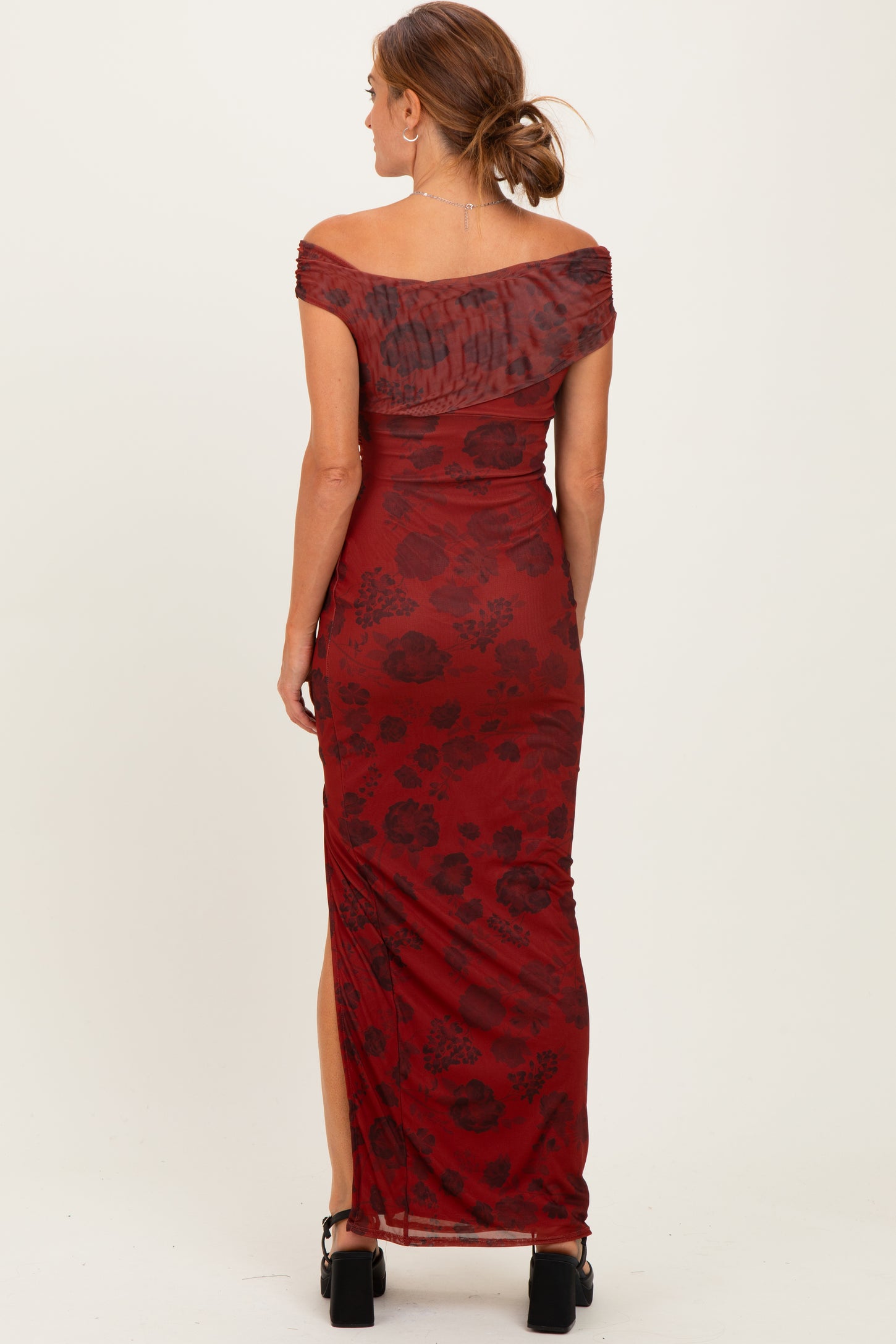 Burgundy Floral One Shoulder Maxi Dress