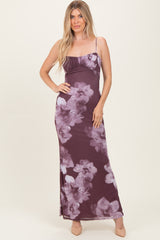 Purple Floral Mesh Sleeveless Cutout Maternity Maxi Dress