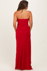 Red Strapless Front Slit Maternity Maxi Dress