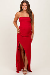 Red Strapless Front Slit Maternity Maxi Dress