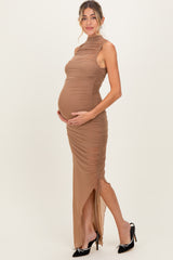 Mocha Mesh Ruched One Sleeve Maternity Maxi Dress