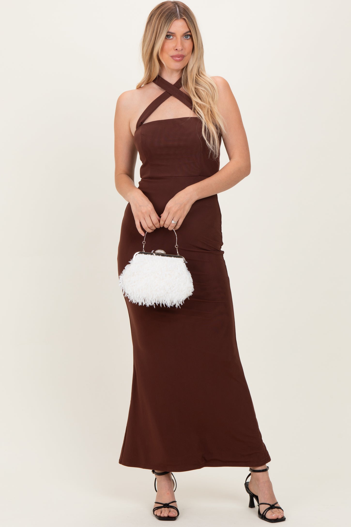 Brown Halter Neck Maternity Maxi Dress