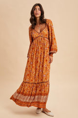 Orange Floral Border Print Long Sleeve Maxi Dress