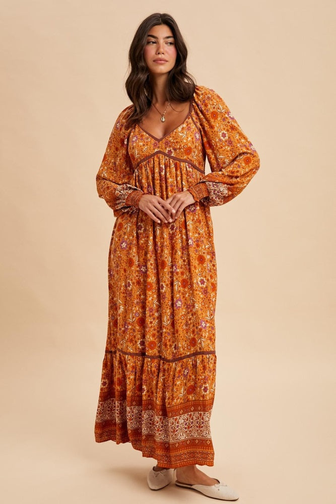 Orange Floral Border Print Long Sleeve Maxi Dress