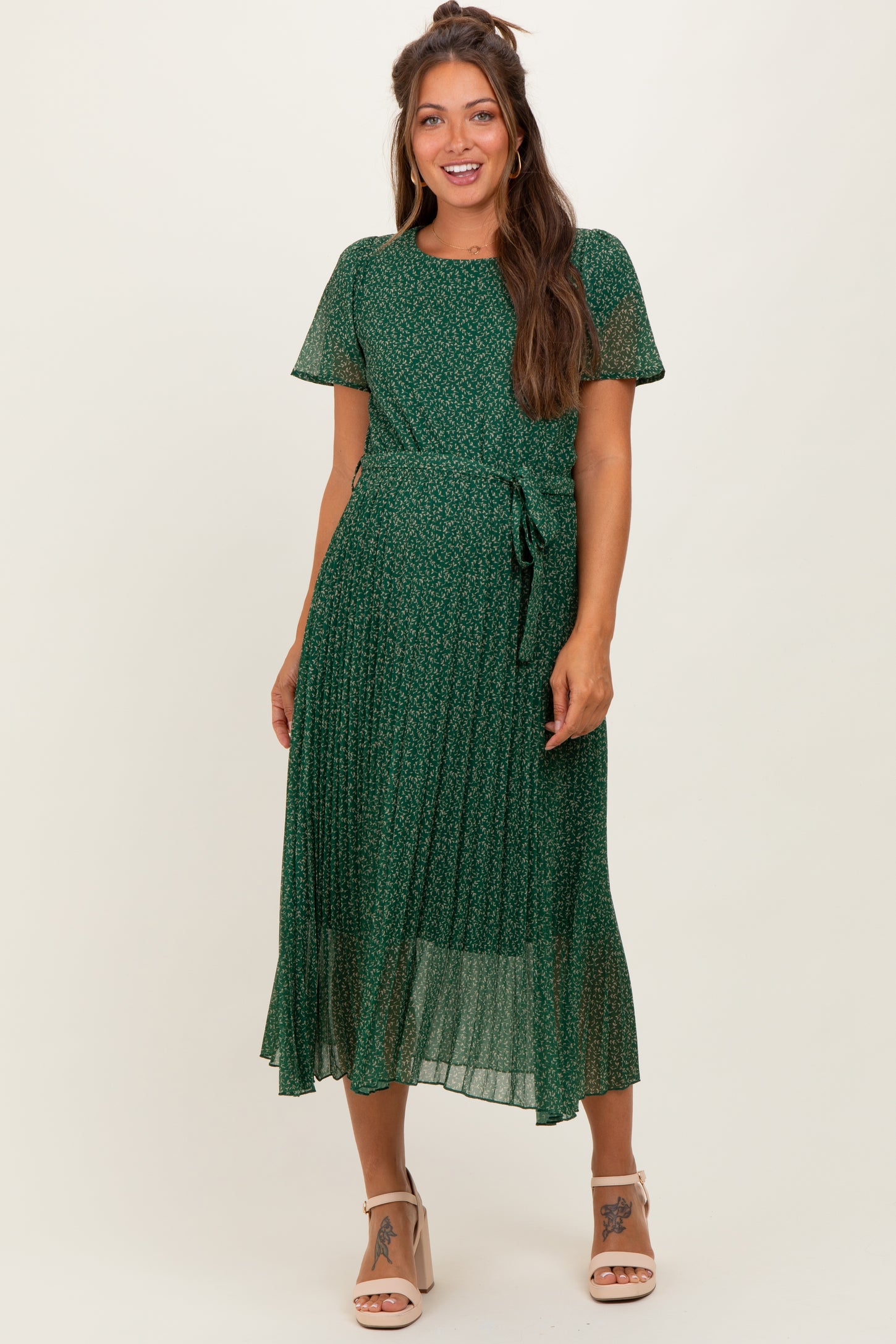 Forest Green Leaf Print Pleated Maternity Midi Dress