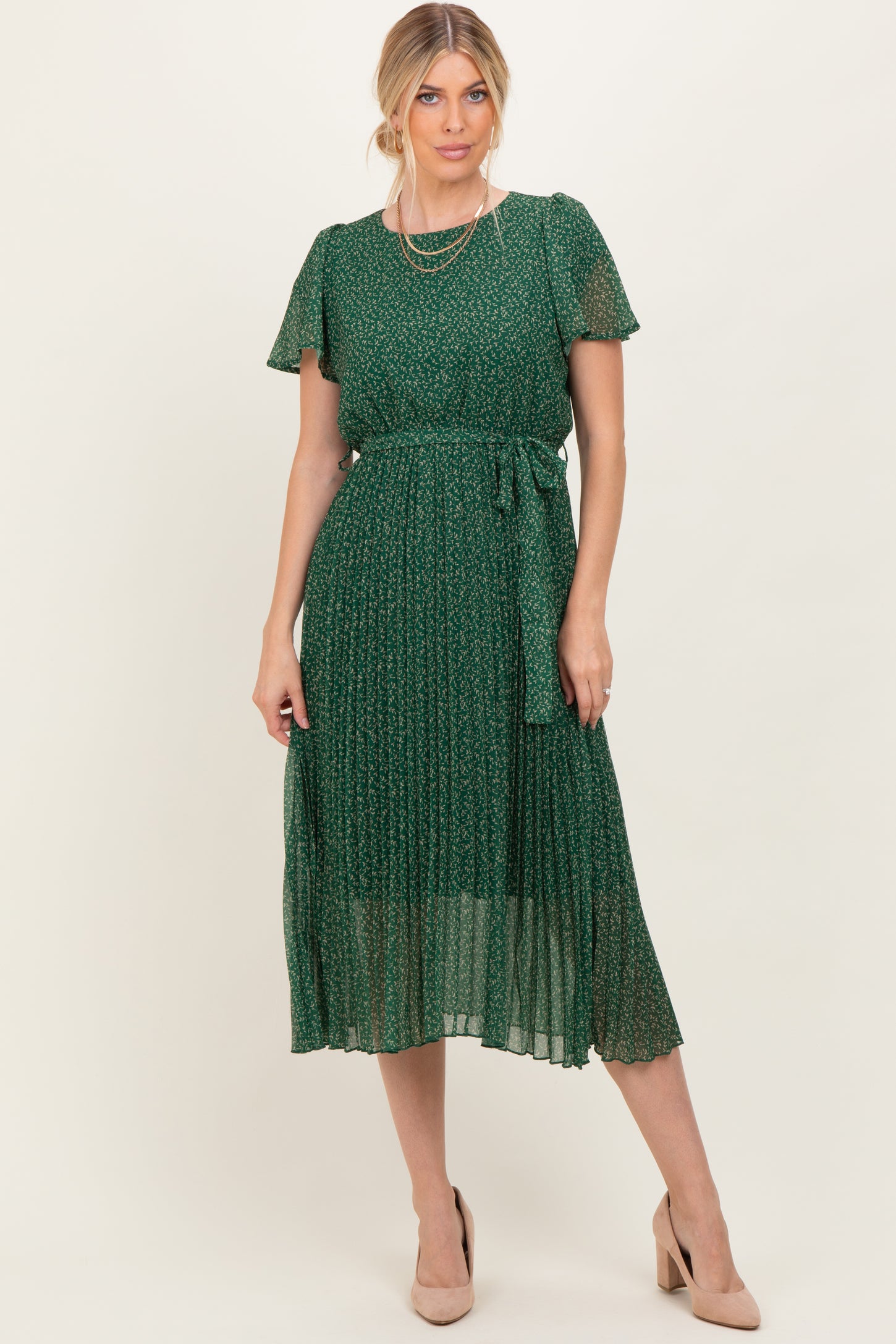 Forest Green Leaf Print Pleated Midi Dress