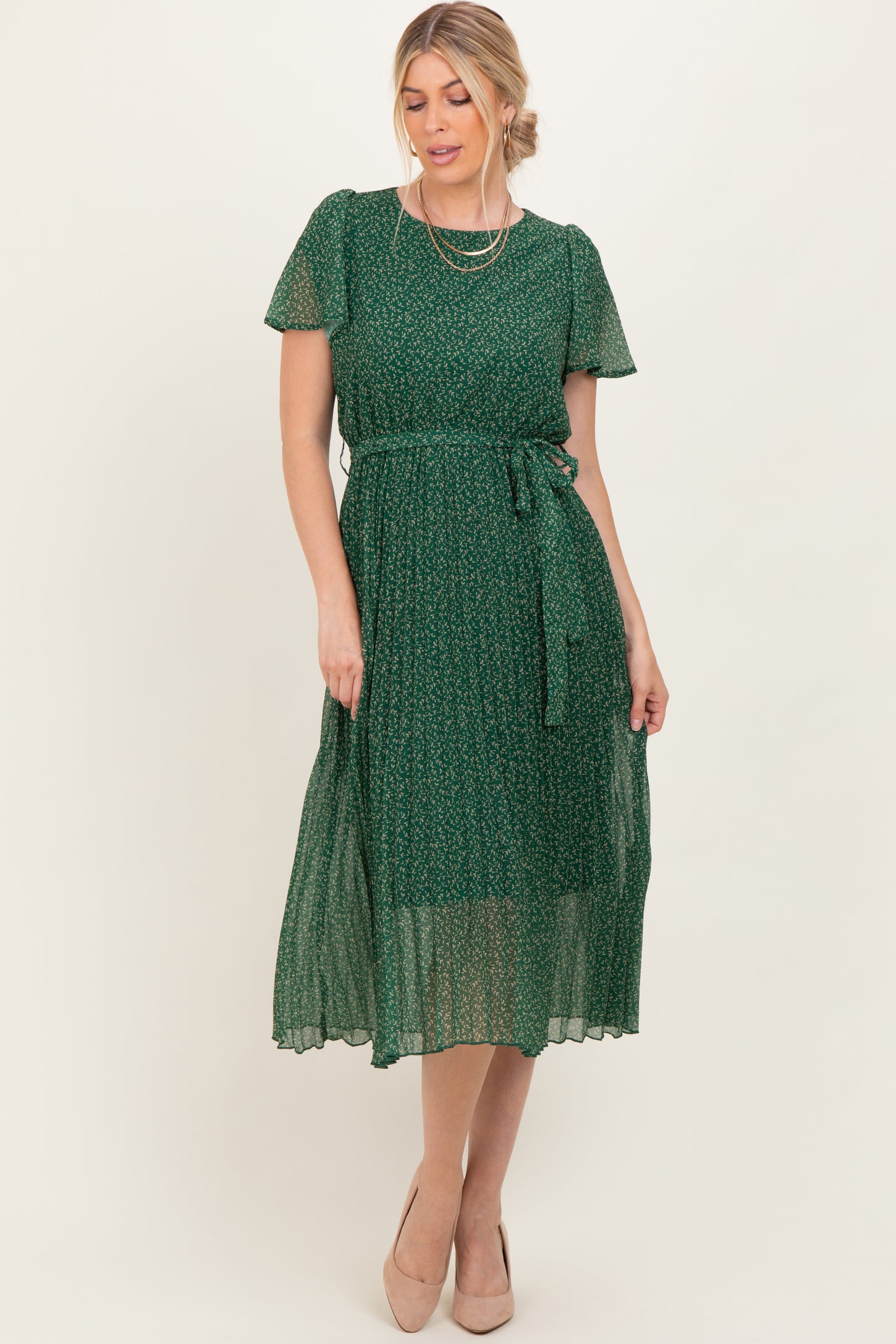 Forest Green Leaf Print Pleated Midi Dress