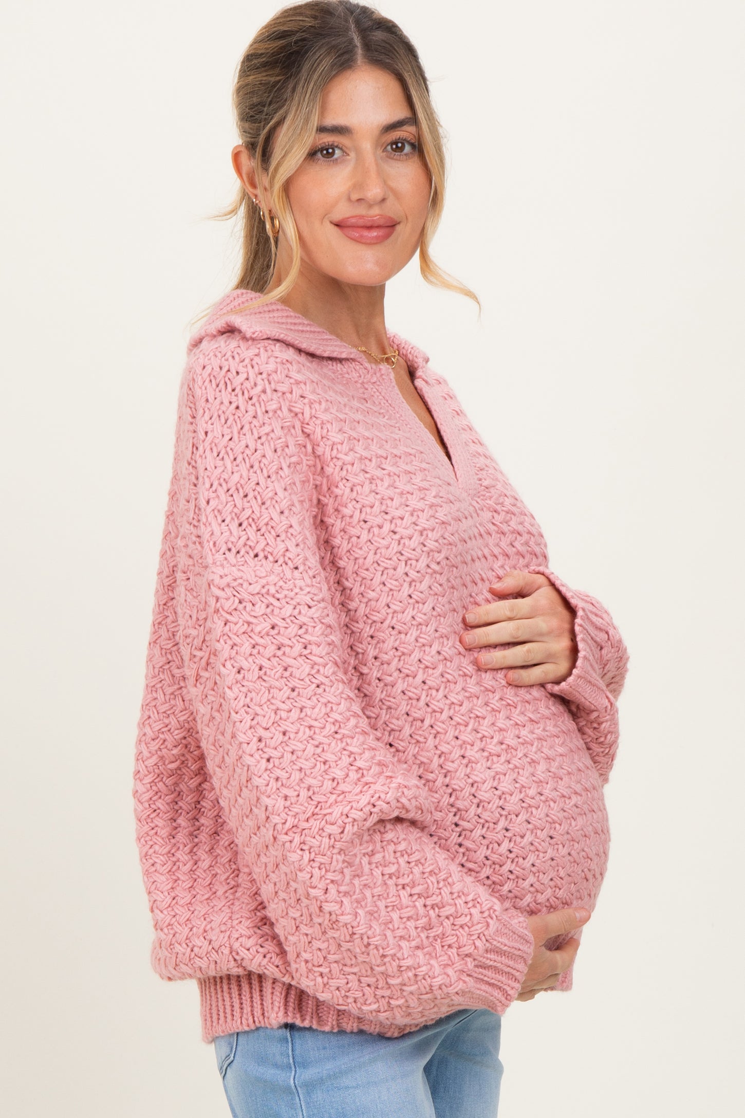 Mauve Collared Cable Knit Maternity Sweater
