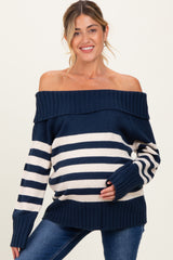 Navy Striped Off Shoulder Maternity Sweater