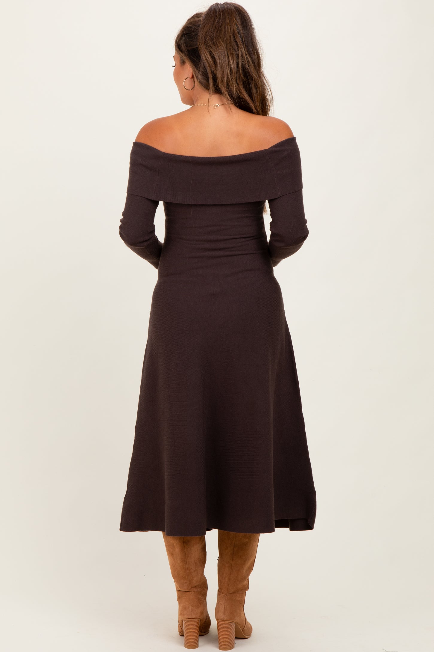 Brown Off Shoulder Maternity Sweater Midi Dress