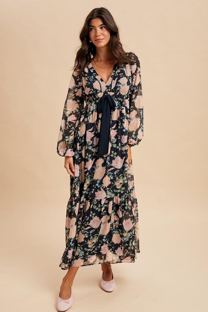 Navy Floral Chiffon Bow Tie Front Maternity Maxi Dress