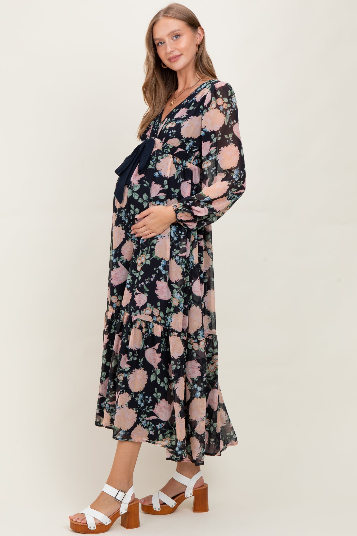 Navy Floral Chiffon Bow Tie Front Maternity Maxi Dress