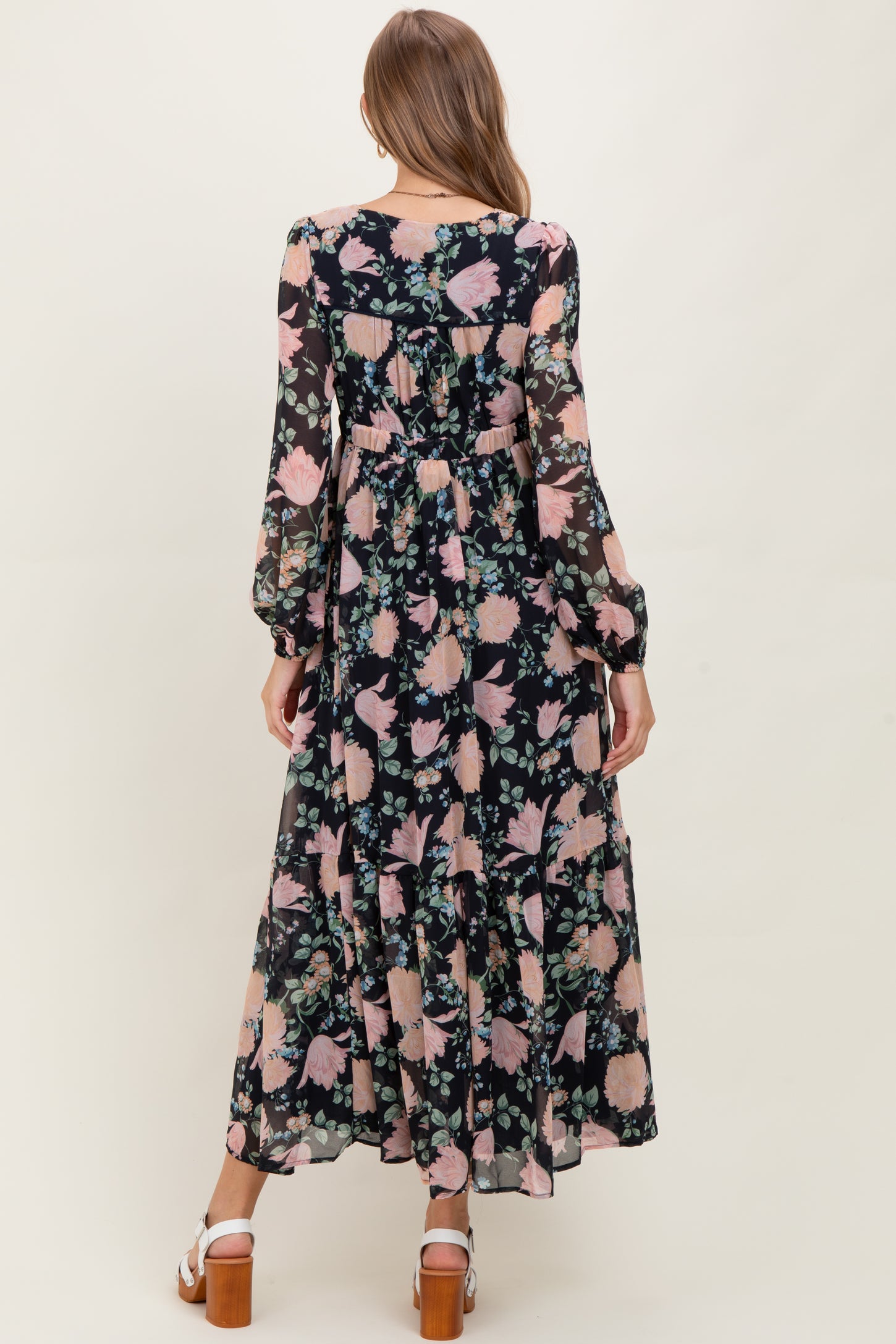 Navy Floral Chiffon Bow Tie Front Maternity Maxi Dress