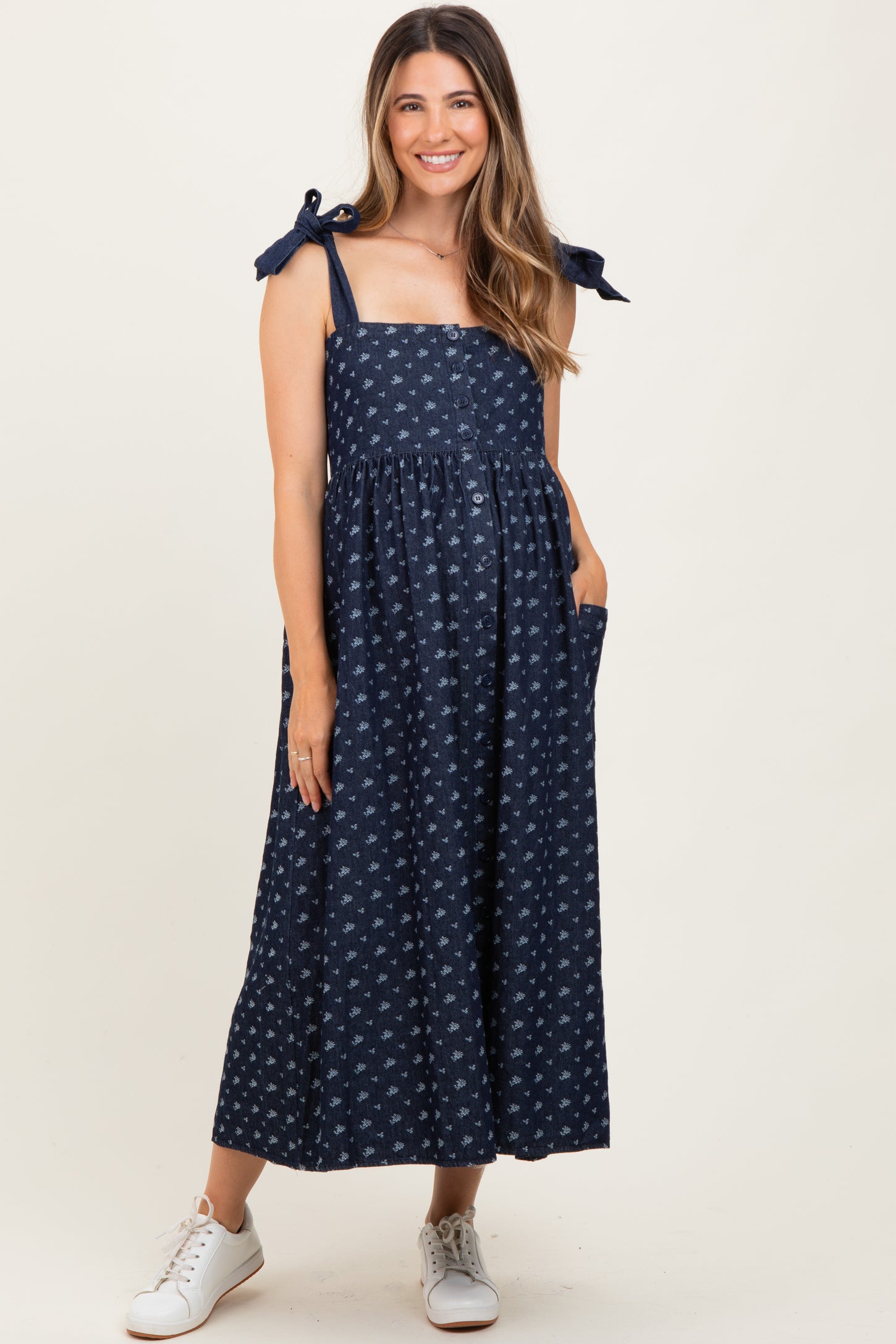 Navy Floral Button Down Shoulder Tie Maternity Midi Dress