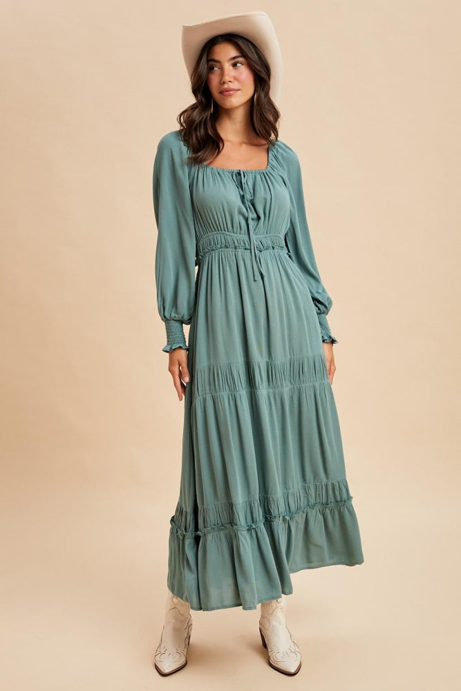 Teal Square Neck Long Sleeve Maxi Dress