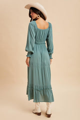Teal Square Neck Long Sleeve Maxi Dress