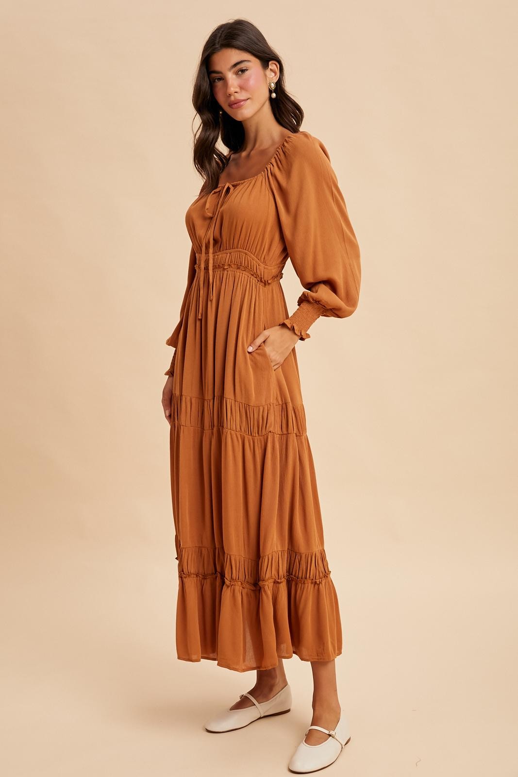Camel Square Neck Long Sleeve Maxi Dress