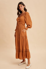 Camel Square Neck Long Sleeve Maxi Dress