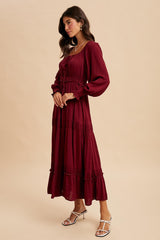 Burgundy Square Neck Long Sleeve Maxi Dress