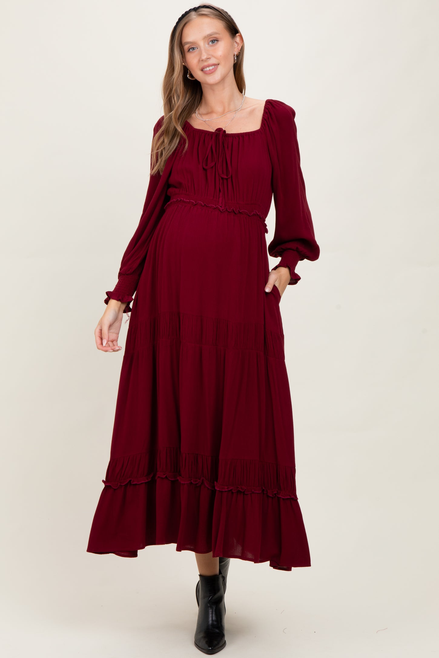 Burgundy Square Neck Long Sleeve Maternity Maxi Dress
