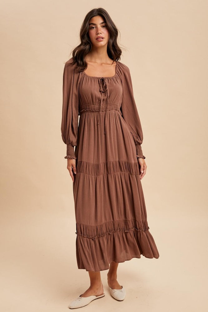 Mocha Square Neck Long Sleeve Maternity Maxi Dress