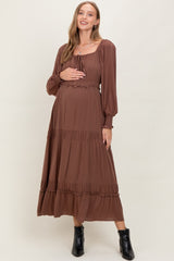 Mocha Square Neck Long Sleeve Maternity Maxi Dress