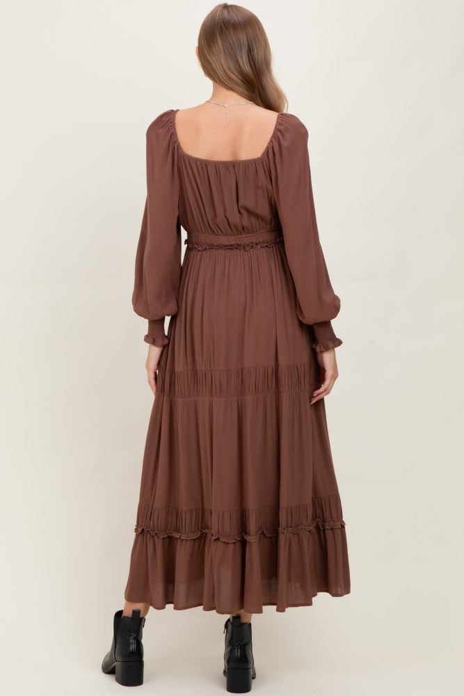 Mocha Square Neck Long Sleeve Maternity Maxi Dress