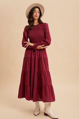 Burgundy Swiss Dot Smocked Tiered Maxi Dress