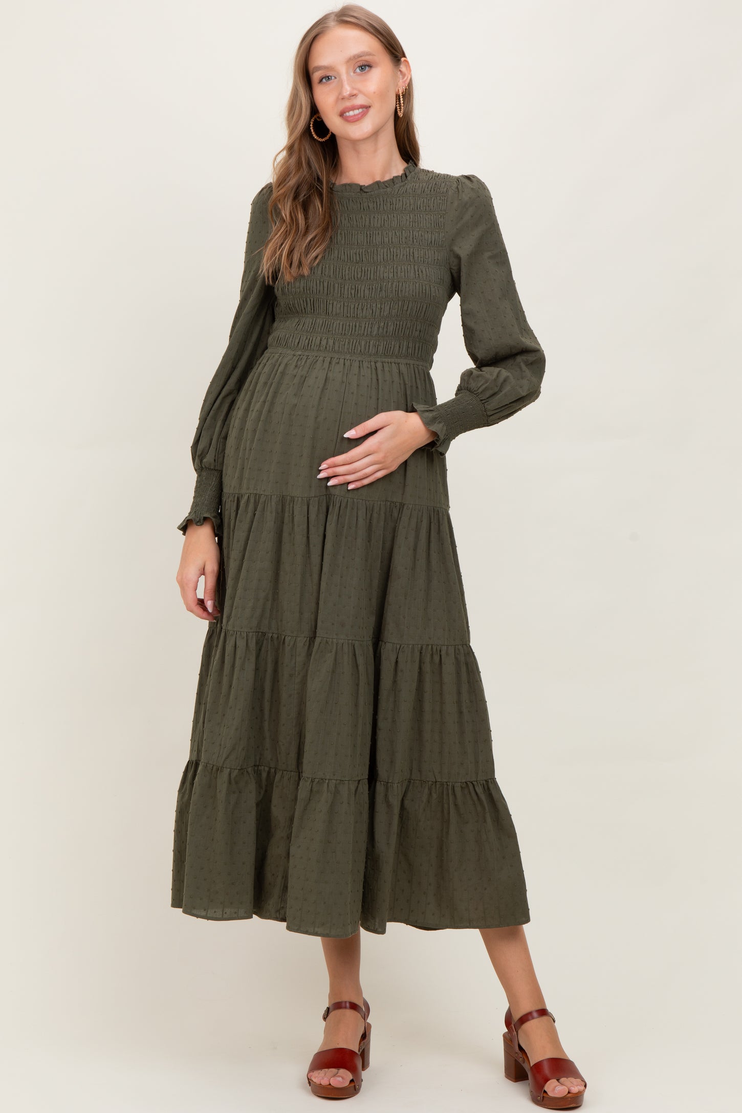 Olive Swiss Dot Smocked Tiered Maternity Maxi Dress