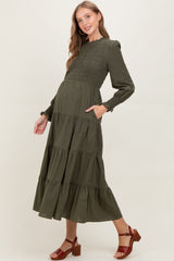 Olive Swiss Dot Smocked Tiered Maternity Maxi Dress