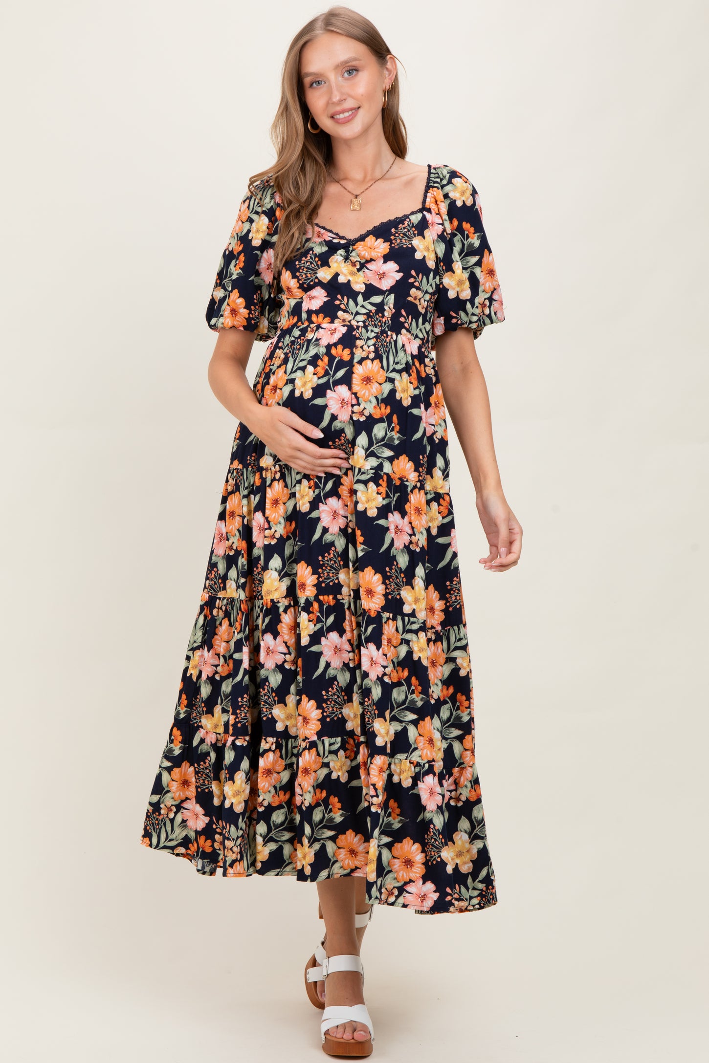Navy Floral Tiered Puff Sleeve Maternity Maxi Dress