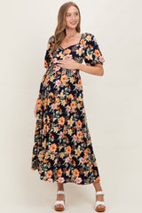 Navy Floral Tiered Puff Sleeve Maternity Maxi Dress