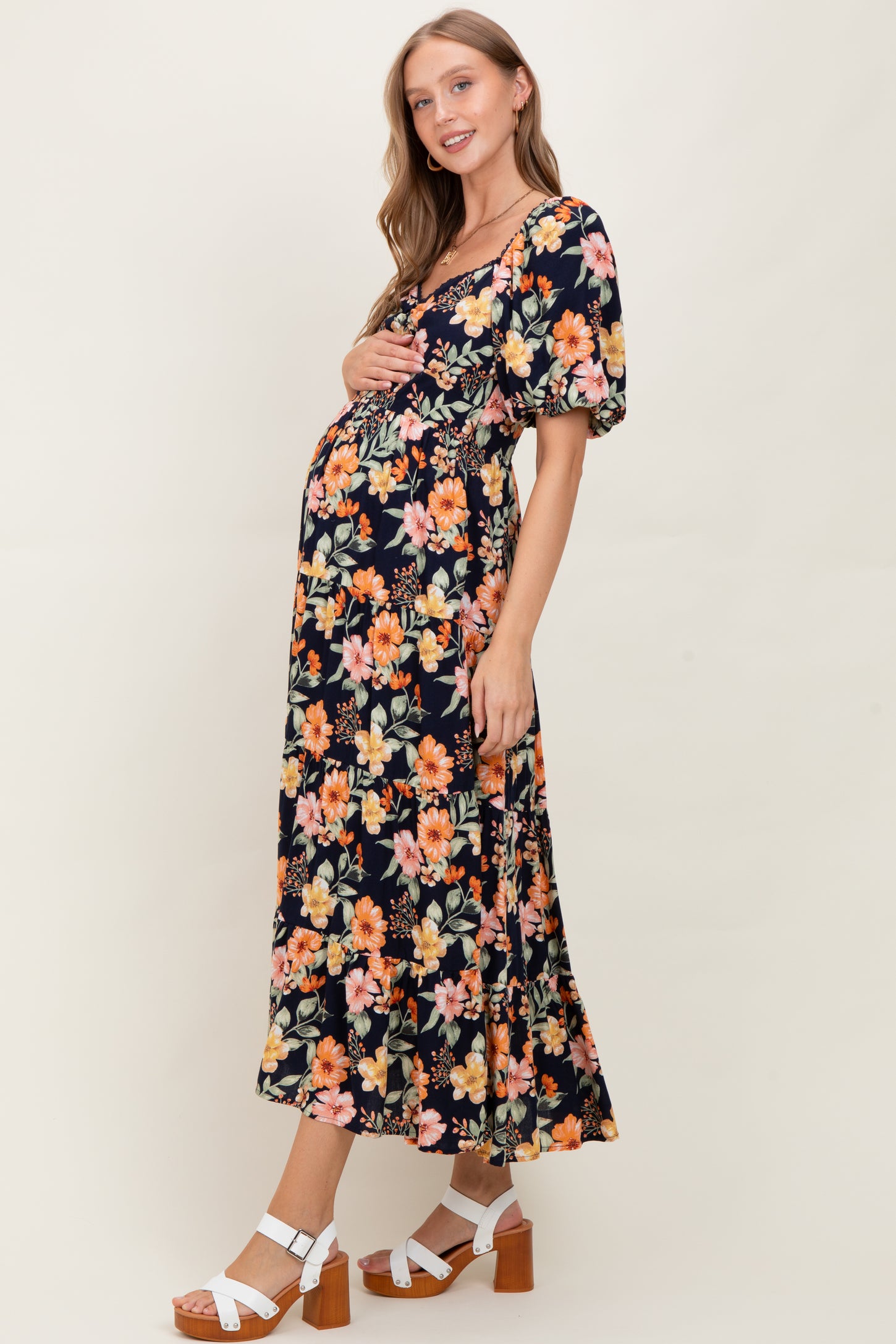 Navy Floral Tiered Puff Sleeve Maternity Maxi Dress