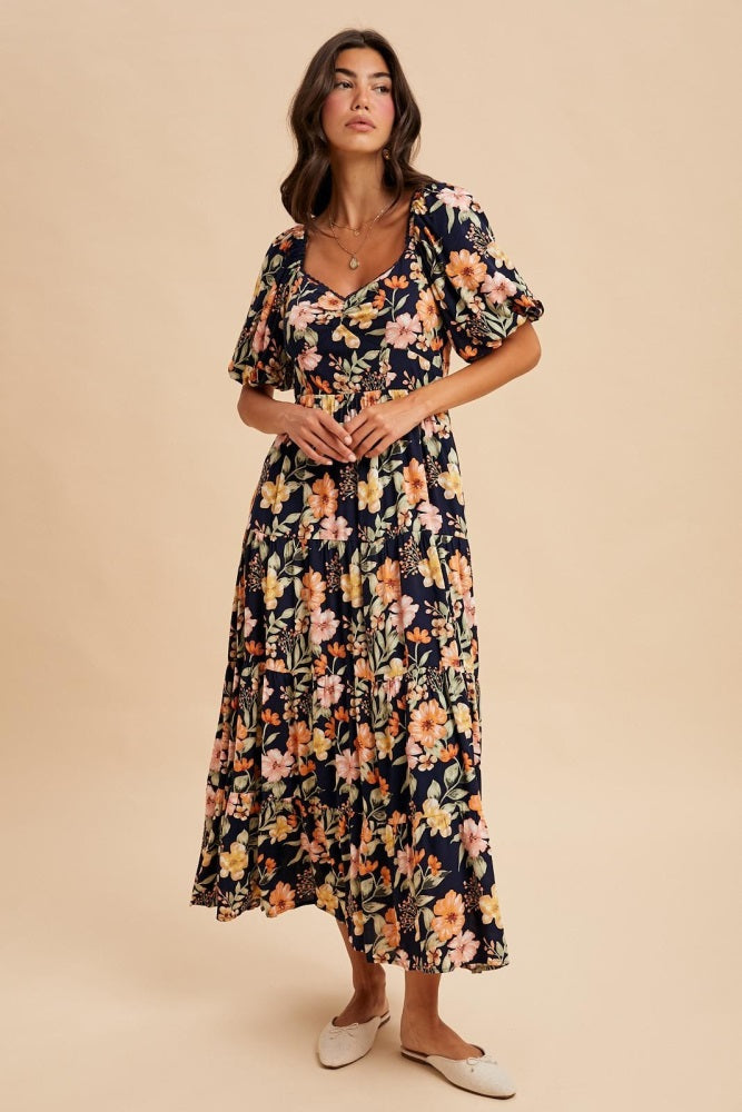 Navy Floral Tiered Puff Sleeve Maxi Dress