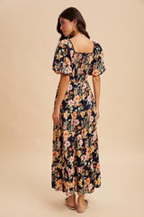 Navy Floral Tiered Puff Sleeve Maxi Dress