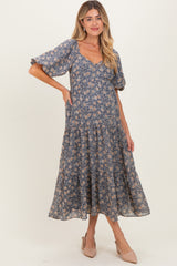 Blue Floral Sweetheart Neckline Puff Sleeve Maternity Maxi Dress