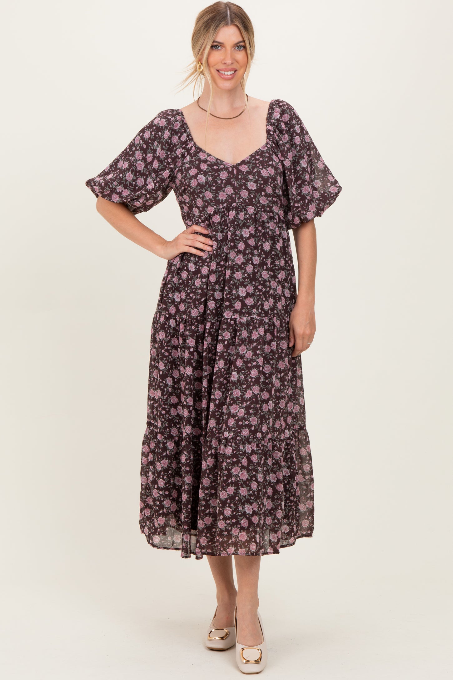 Brown Floral Sweetheart Neckline Puff Sleeve Maxi Dress