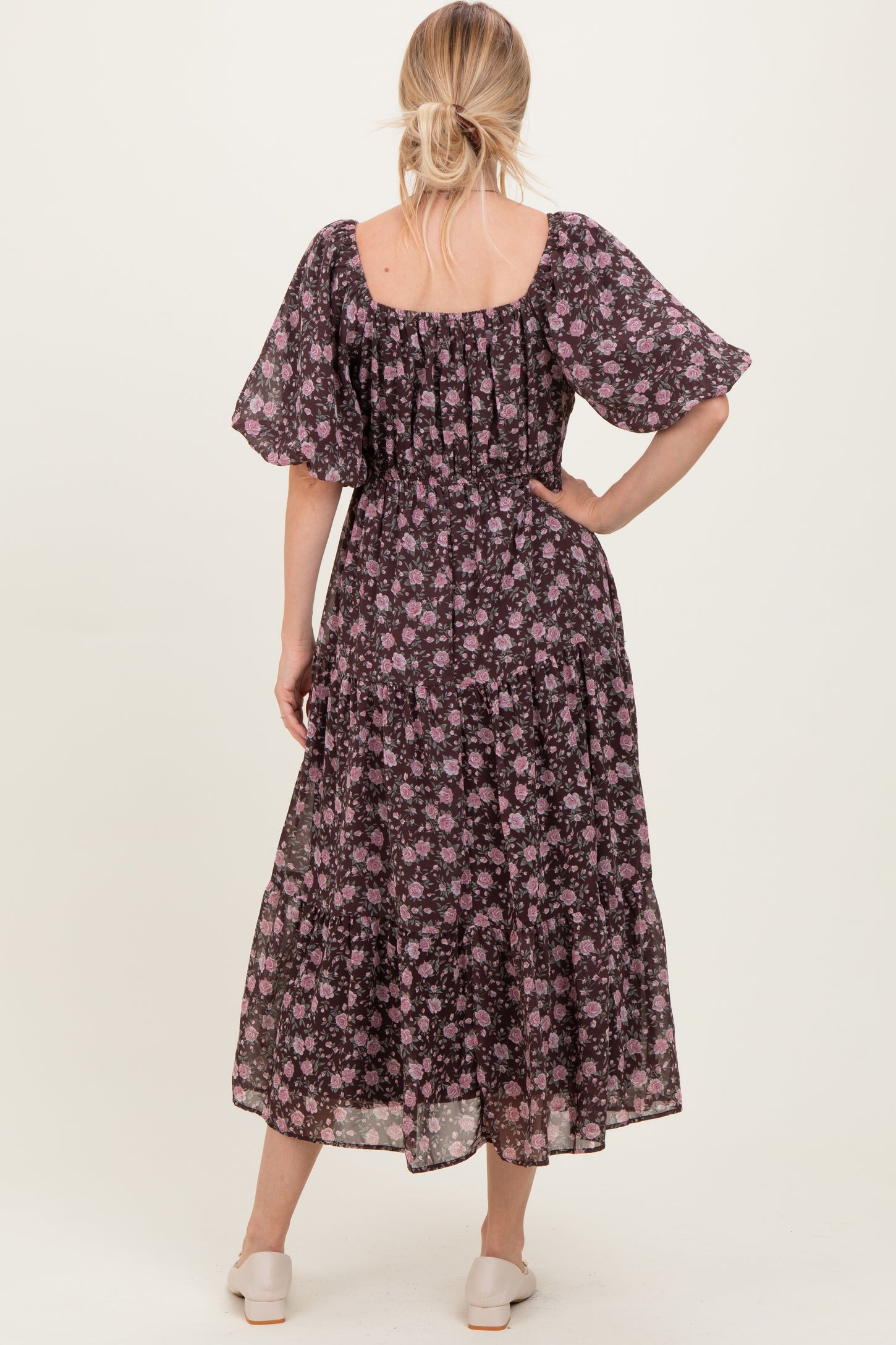 Brown Floral Sweetheart Neckline Puff Sleeve Maxi Dress
