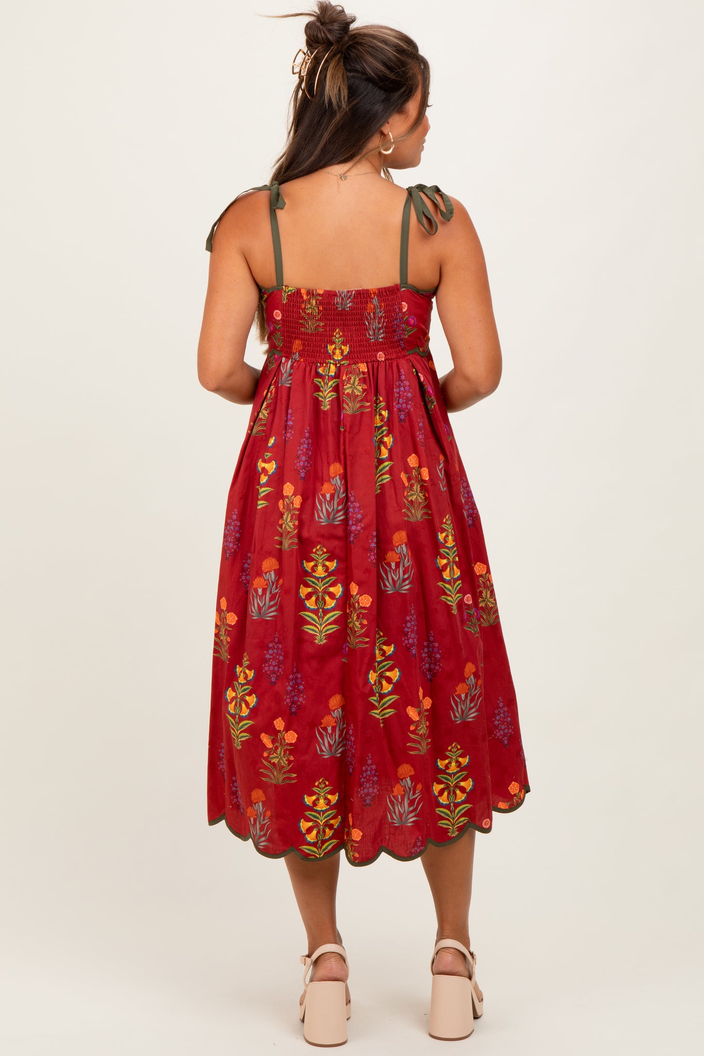 Rust Floral Scallop Edge Shoulder Tie Maternity Midi Dress