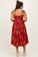Rust Floral Scallop Edge Shoulder Tie Maternity Midi Dress