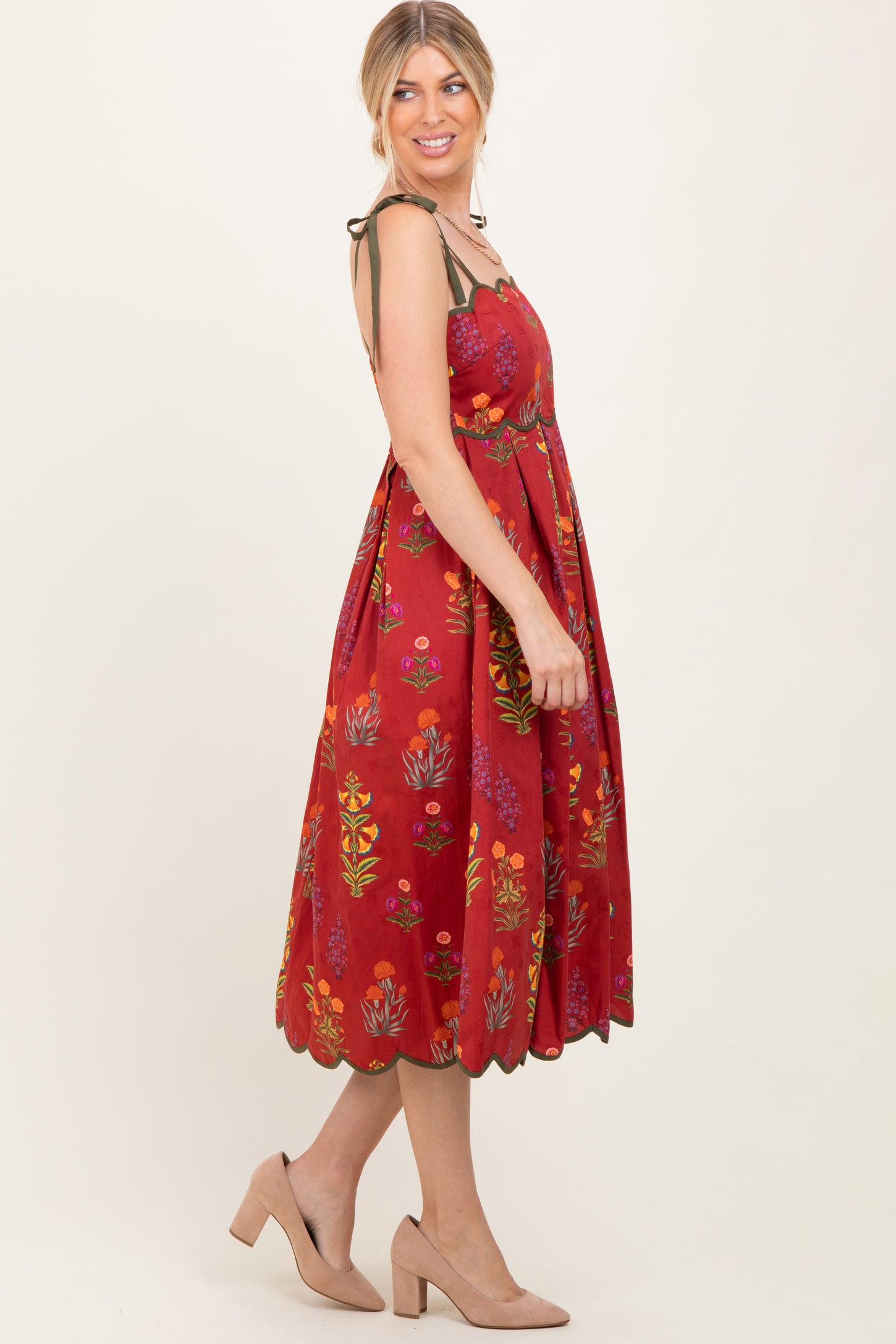 Rust Floral Scallop Edge Shoulder Tie Midi Dress