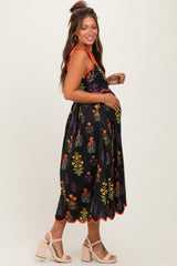 Black Floral Scallop Edge Shoulder Tie Maternity Midi Dress